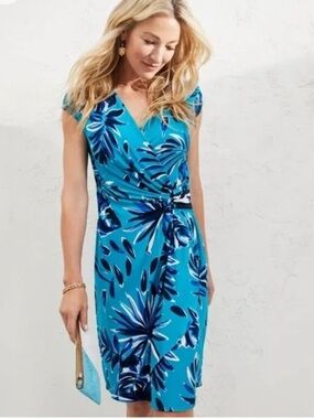 Tommy Bahama Botanical Blitz Amalfi Sea Palm Leaf Ruched Faux Wrap Dress